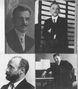 Foreign-born Faculty of Grinnell College (clockwise from top left): Eugene Lebert (French); Edward Scheve (Music); Elias Blum (Voice); Edward Steiner (Applied Christianity).